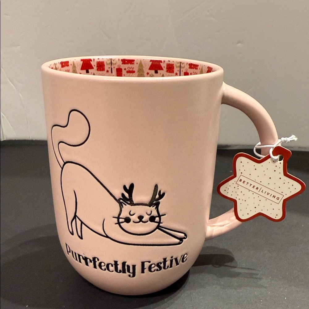 NEW Christmas Cat Mug coffee mug pink Purrfectly Festive NWT- price is for ONE